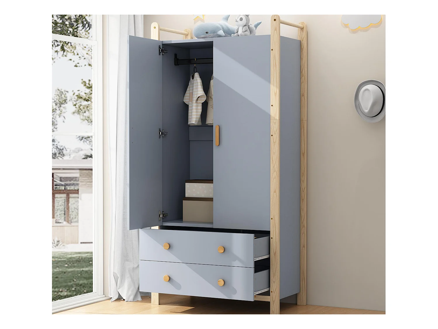 Armoire enfant 89.6x44x180.5 cm - 2 tiroirs et 2 portes - 1 tringle à vêtements - structure en pin - bleu+naturel