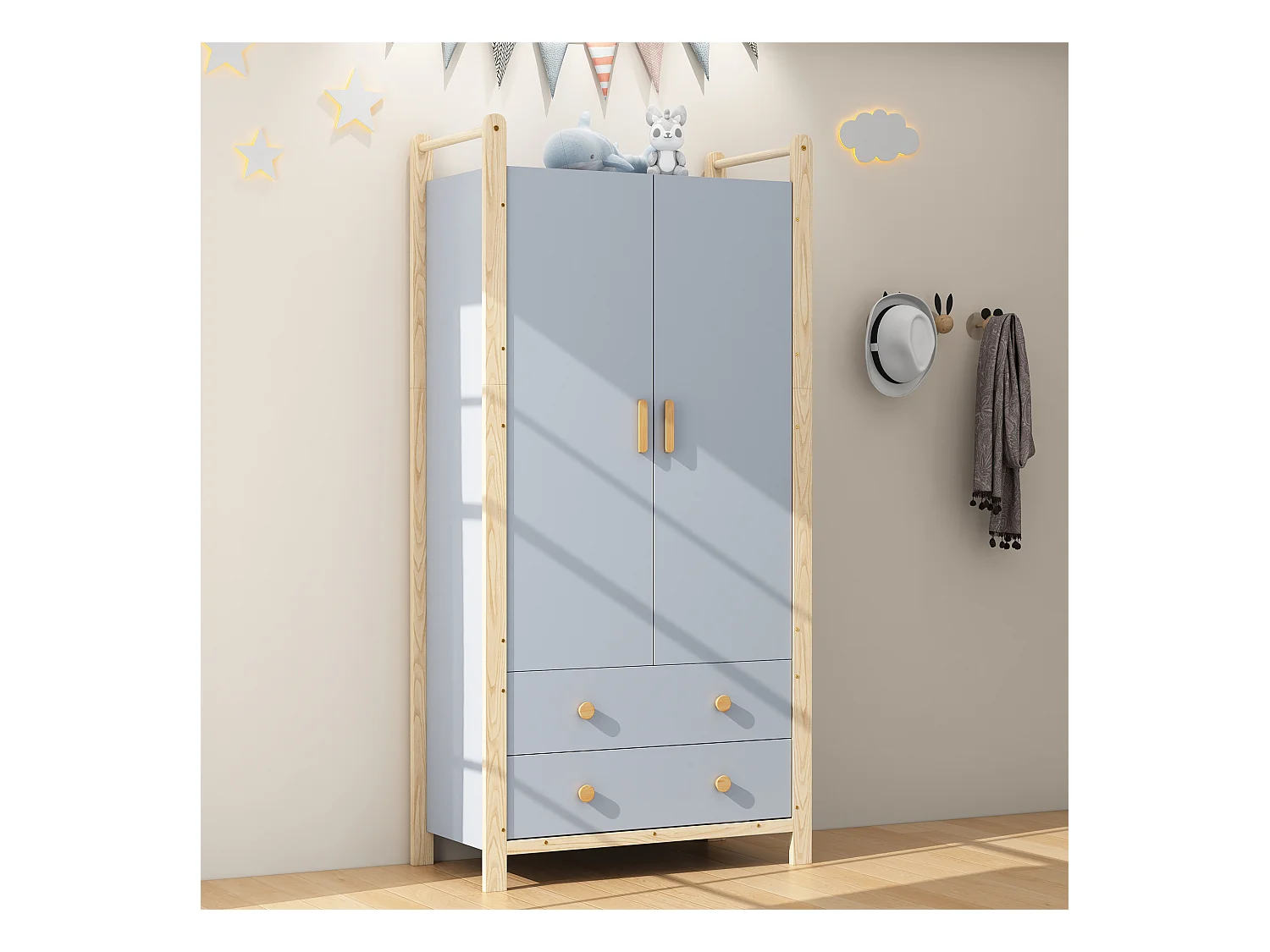 Armoire enfant 89.6x44x180.5 cm - 2 tiroirs et 2 portes - 1 tringle à vêtements - structure en pin - bleu+naturel