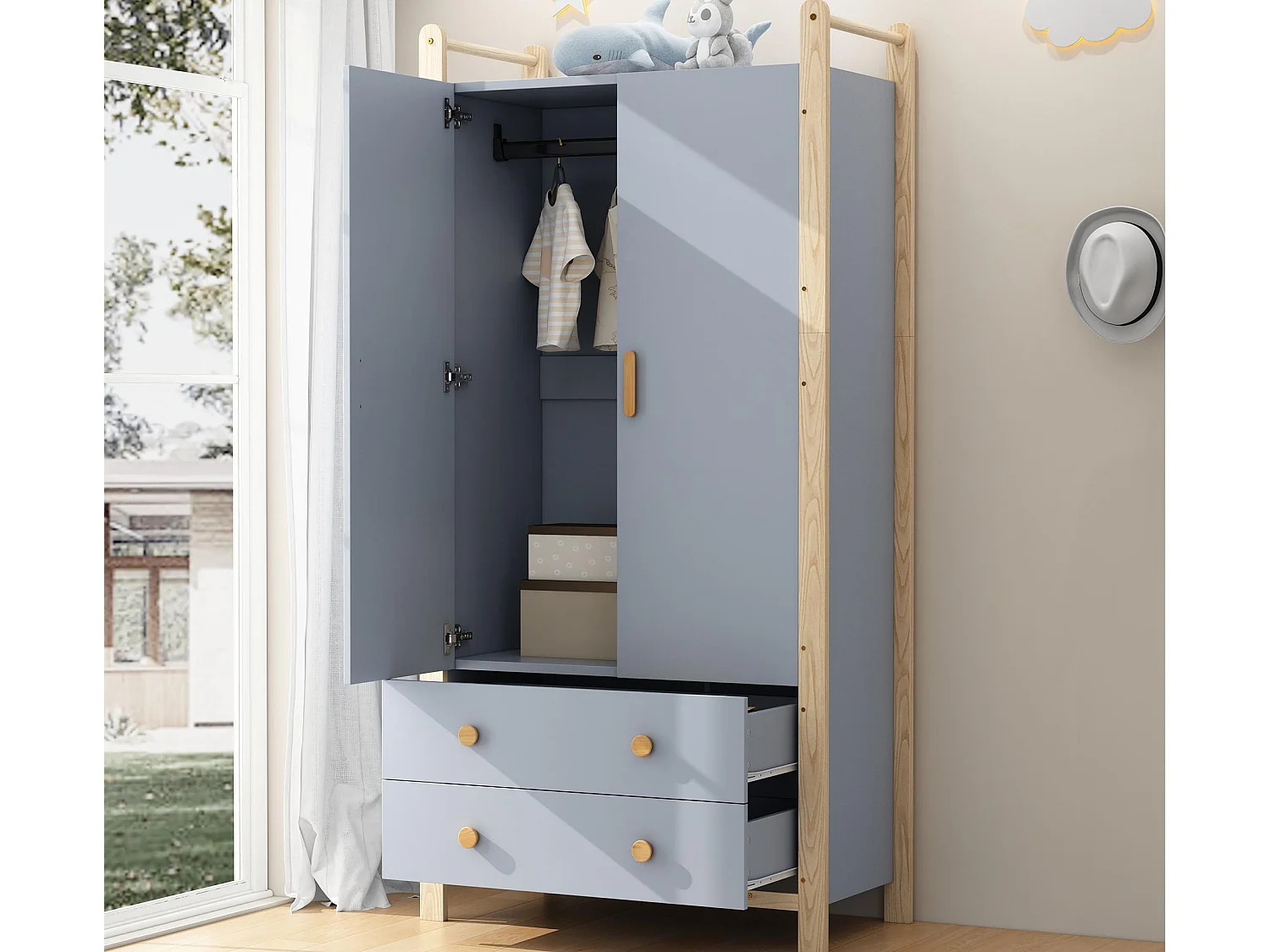 Armoire enfant 89.6x44x180.5 cm - 2 tiroirs et 2 portes - 1 tringle à vêtements - structure en pin - bleu+naturel