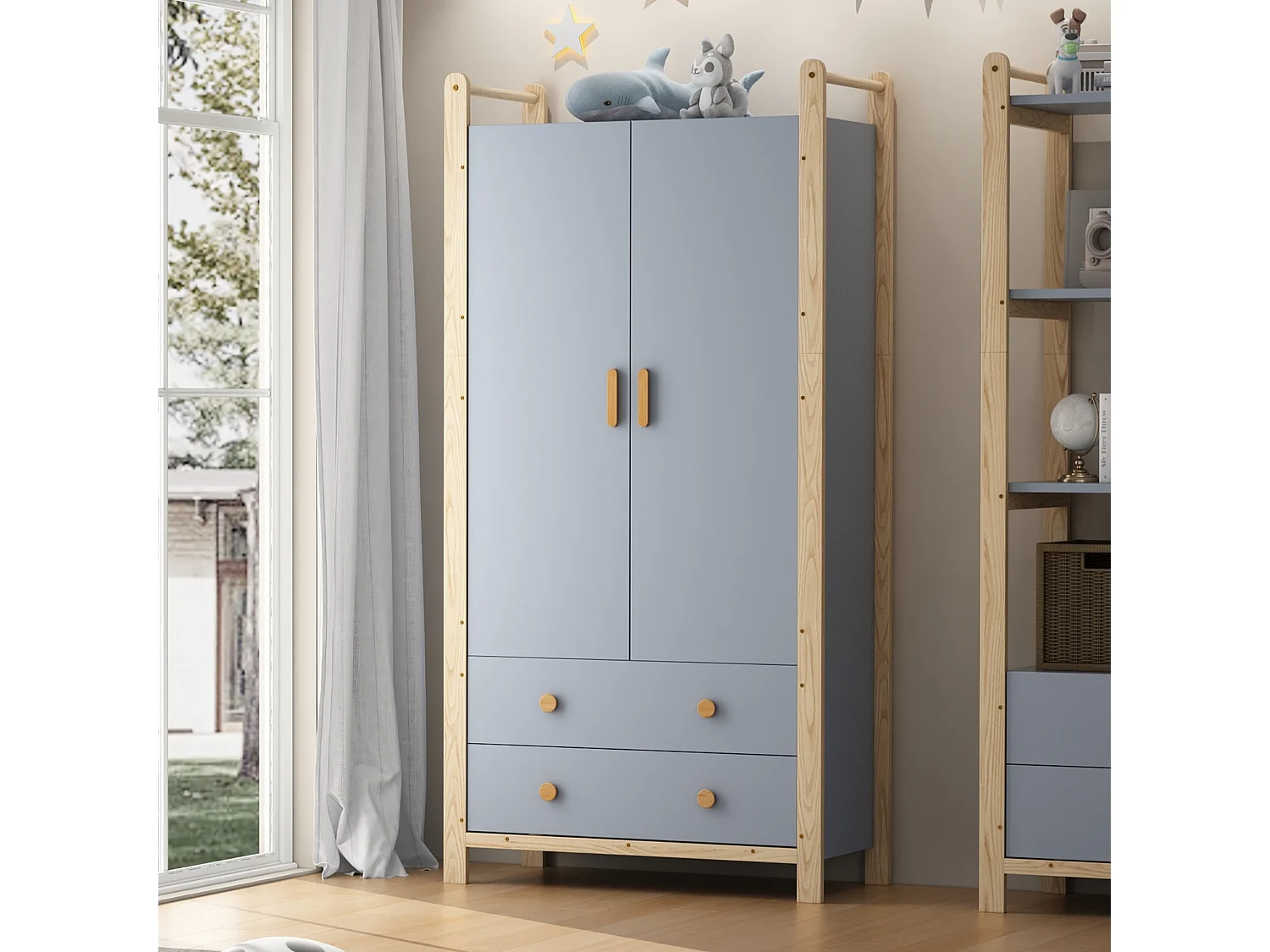 Armoire enfant 89.6x44x180.5 cm - 2 tiroirs et 2 portes - 1 tringle à vêtements - structure en pin - bleu+naturel