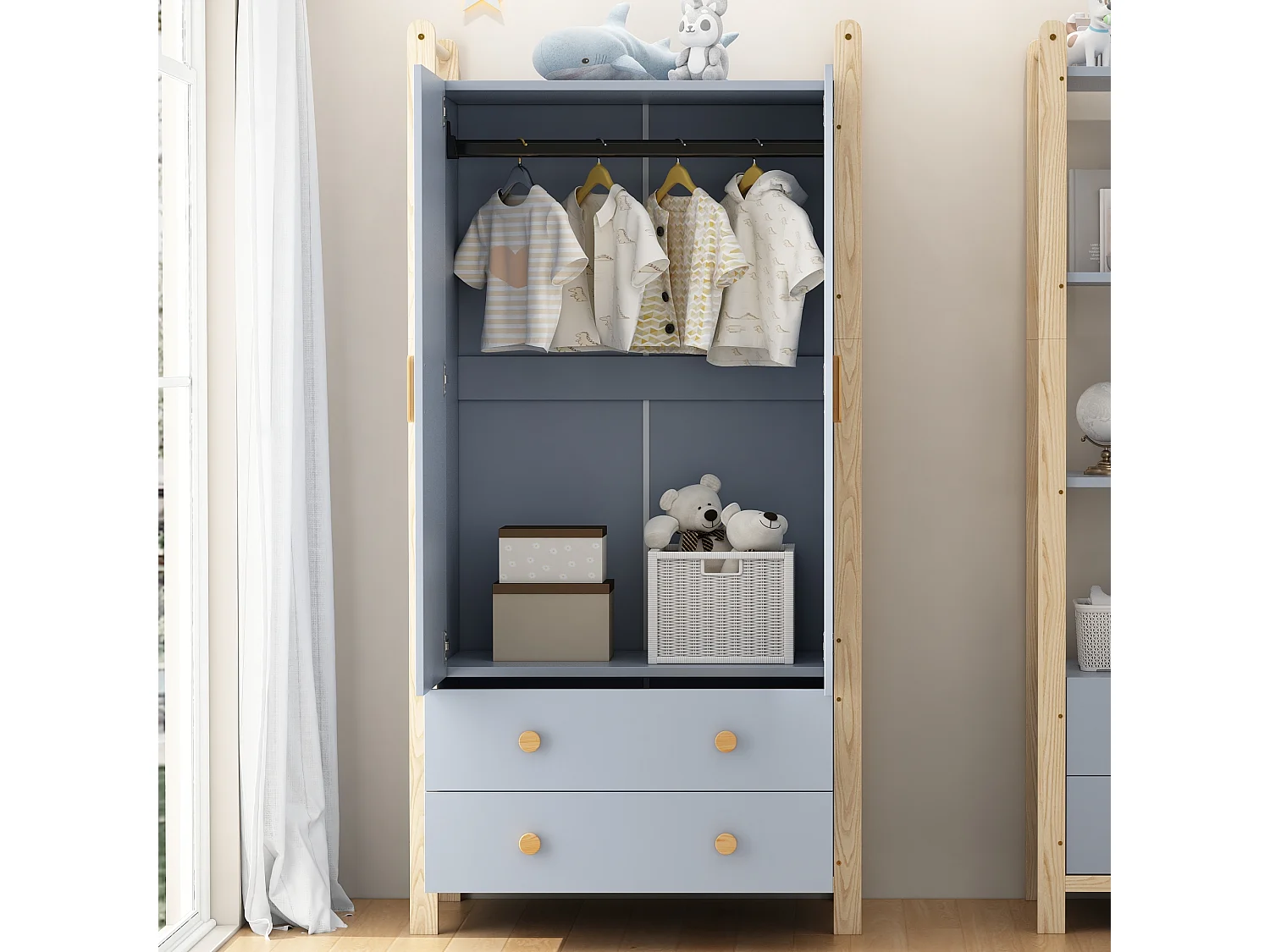 Armoire enfant 89.6x44x180.5 cm - 2 tiroirs et 2 portes - 1 tringle à vêtements - structure en pin - bleu+naturel