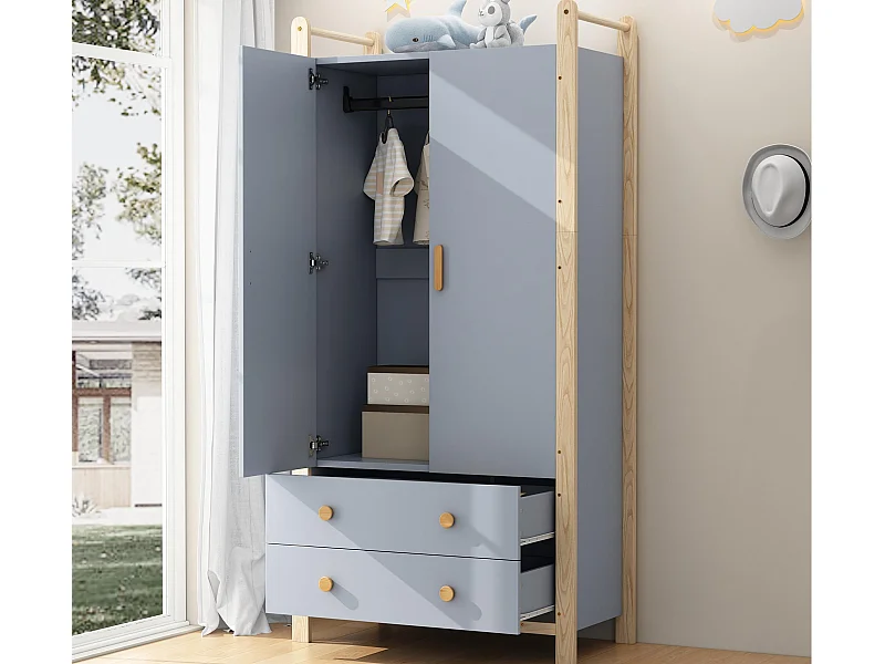 Armoire enfant 89.6x44x180.5 cm - 2 tiroirs et 2 portes - 1 tringle à vêtements - structure en pin - bleu+naturel