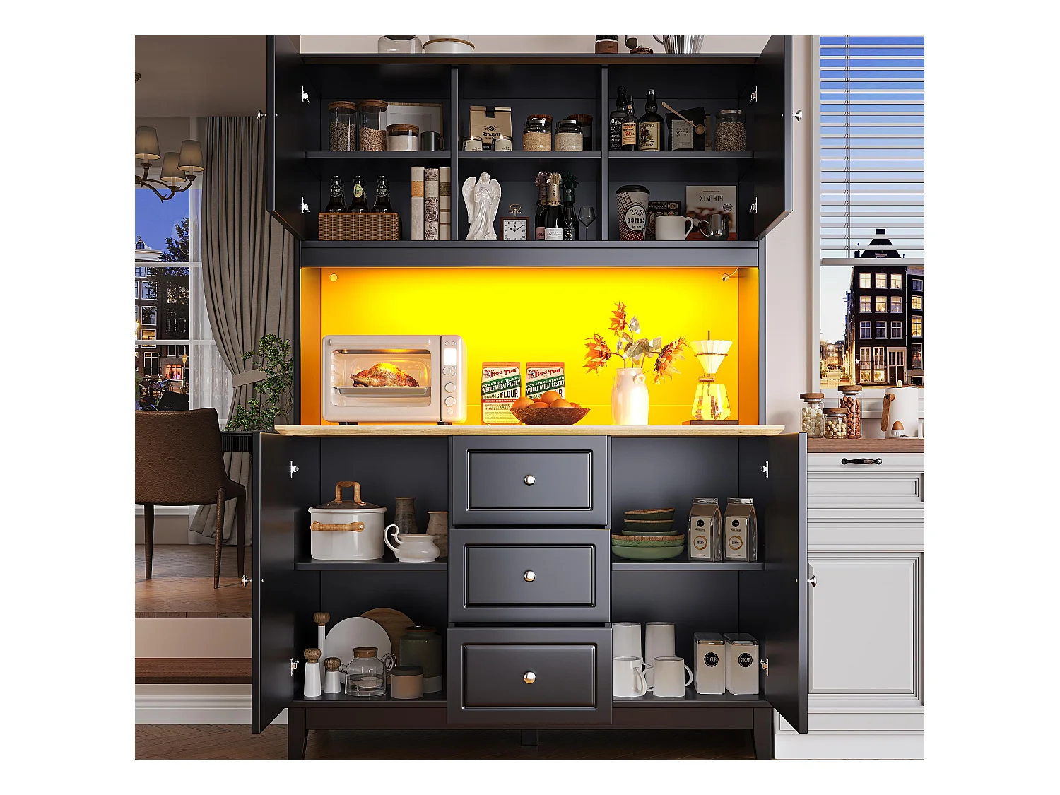 Buffet de cuisine 120x40x180cm - 4 portes + 3 tiroirs - meuble haut - avec éclairage LED - Style moderne - Noir