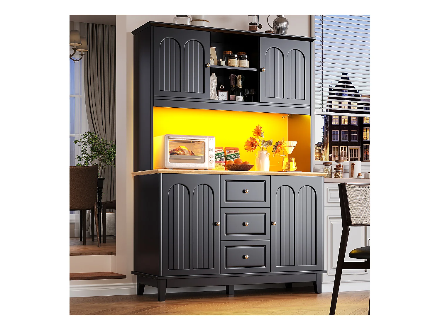 Buffet de cuisine 120x40x180cm - 4 portes + 3 tiroirs - meuble haut - avec éclairage LED - Style moderne - Noir