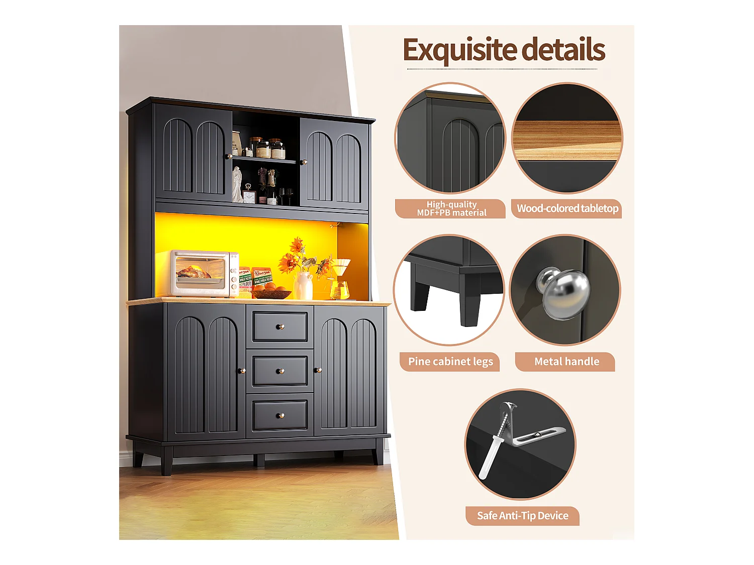 Buffet de cuisine 120x40x180cm - 4 portes + 3 tiroirs - meuble haut - avec éclairage LED - Style moderne - Noir