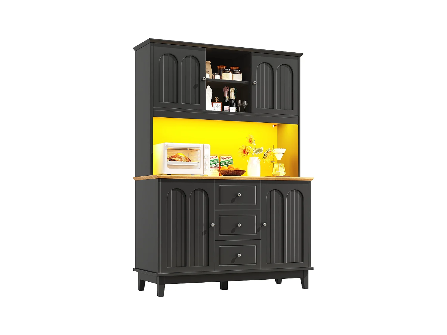 Buffet de cuisine 120x40x180cm - 4 portes + 3 tiroirs - meuble haut - avec éclairage LED - Style moderne - Noir