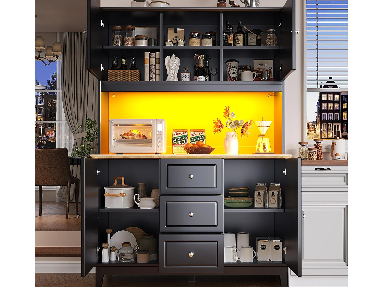 Buffet kuchenny 120x40x180 cm - 4 drzwi + 3 szuflady - wysoki mebel - z oświetleniem LED - Styl nowoczesny - Czarny