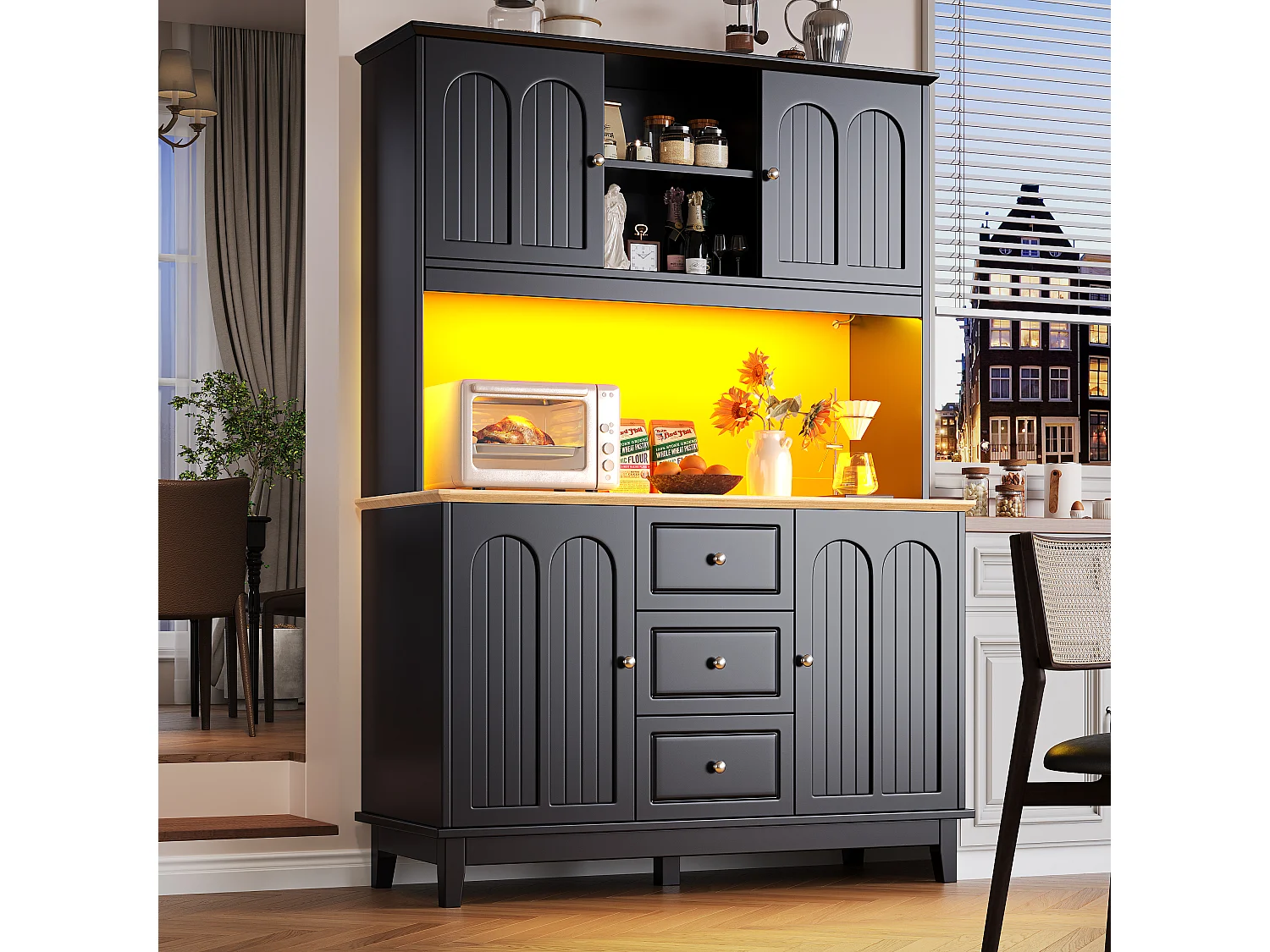 Buffet kuchenny 120x40x180 cm - 4 drzwi + 3 szuflady - wysoki mebel - z oświetleniem LED - Styl nowoczesny - Czarny