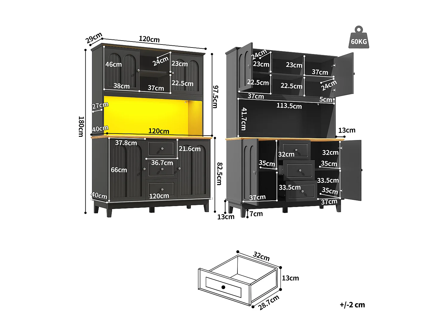 Buffet kuchenny 120x40x180 cm - 4 drzwi + 3 szuflady - wysoki mebel - z oświetleniem LED - Styl nowoczesny - Czarny