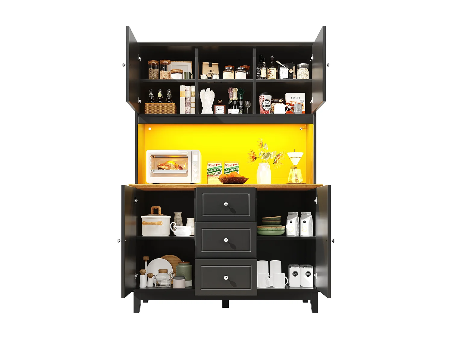 Buffet kuchenny 120x40x180 cm - 4 drzwi + 3 szuflady - wysoki mebel - z oświetleniem LED - Styl nowoczesny - Czarny