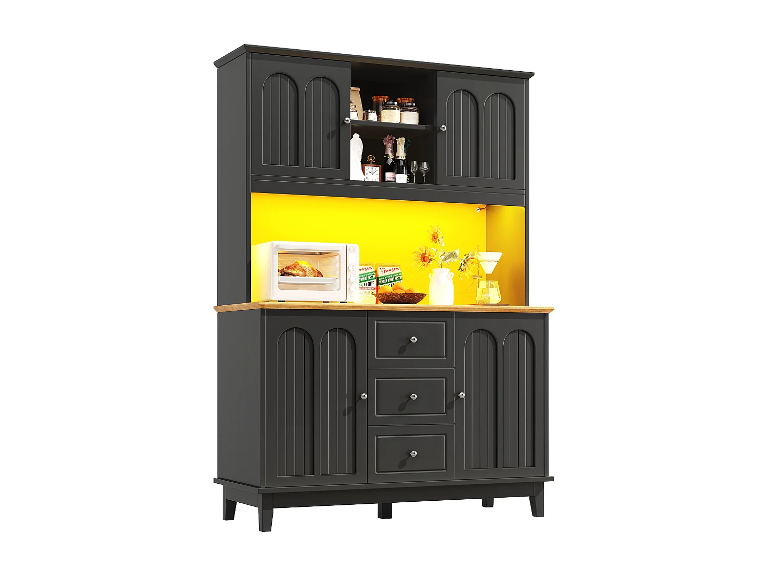 Buffet kuchenny 120x40x180 cm - 4 drzwi + 3 szuflady - wysoki mebel - z oświetleniem LED - Styl nowoczesny - Czarny