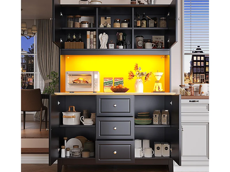 Buffet kuchenny 120x40x180 cm - 4 drzwi + 3 szuflady - wysoki mebel - z oświetleniem LED - Styl nowoczesny - Czarny