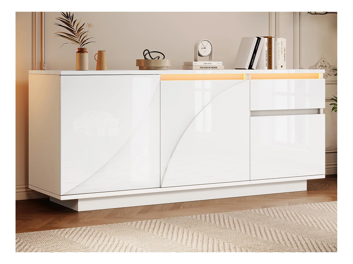 Buffet 140x40x60cm brillant - 3 portes et 1 tiroir - avec éclairage LED - avec étagères réglables - MDF - Blanc