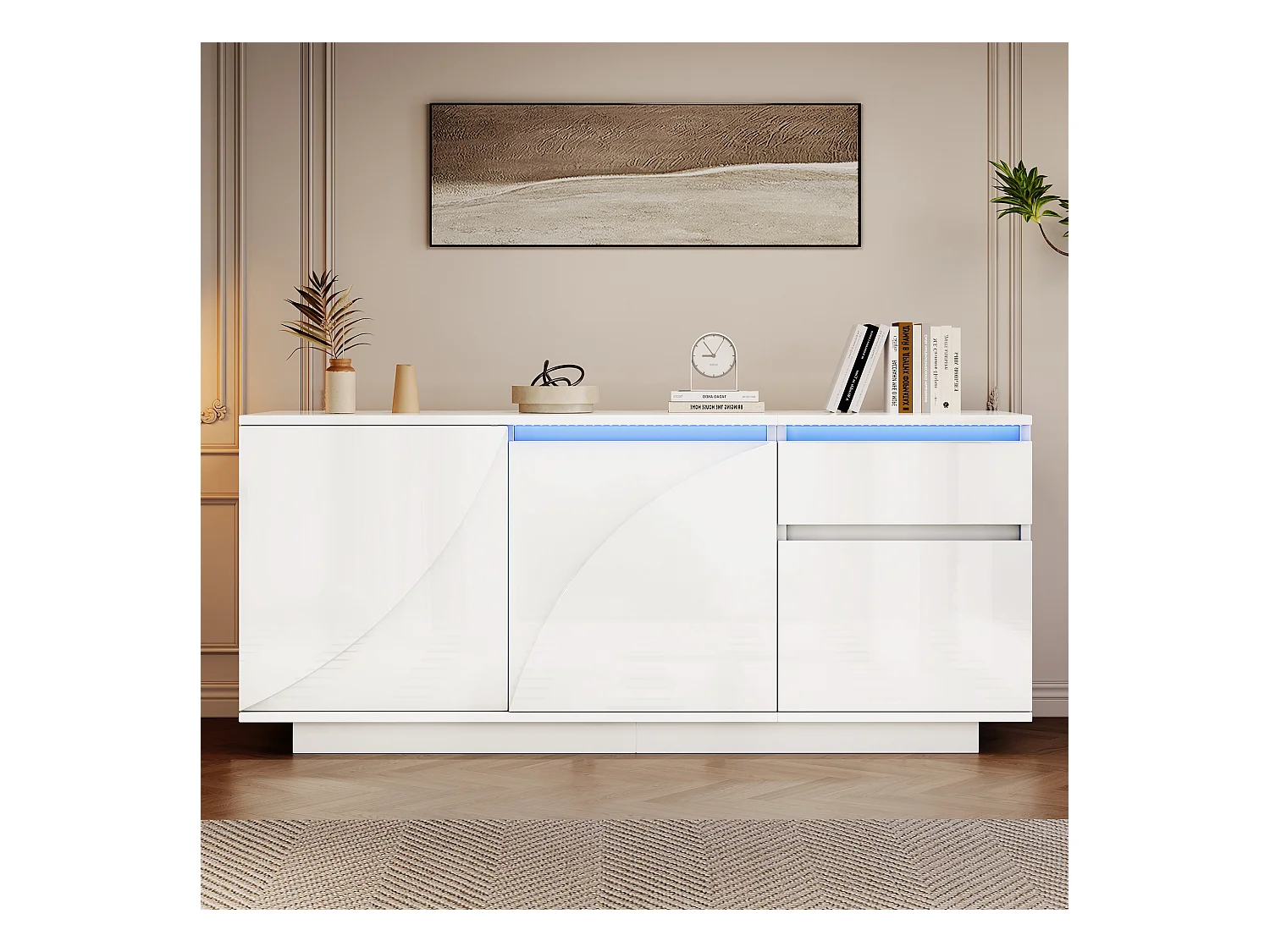 Buffet 140x40x60cm brillant - 3 portes et 1 tiroir - avec éclairage LED - avec étagères réglables - MDF - Blanc