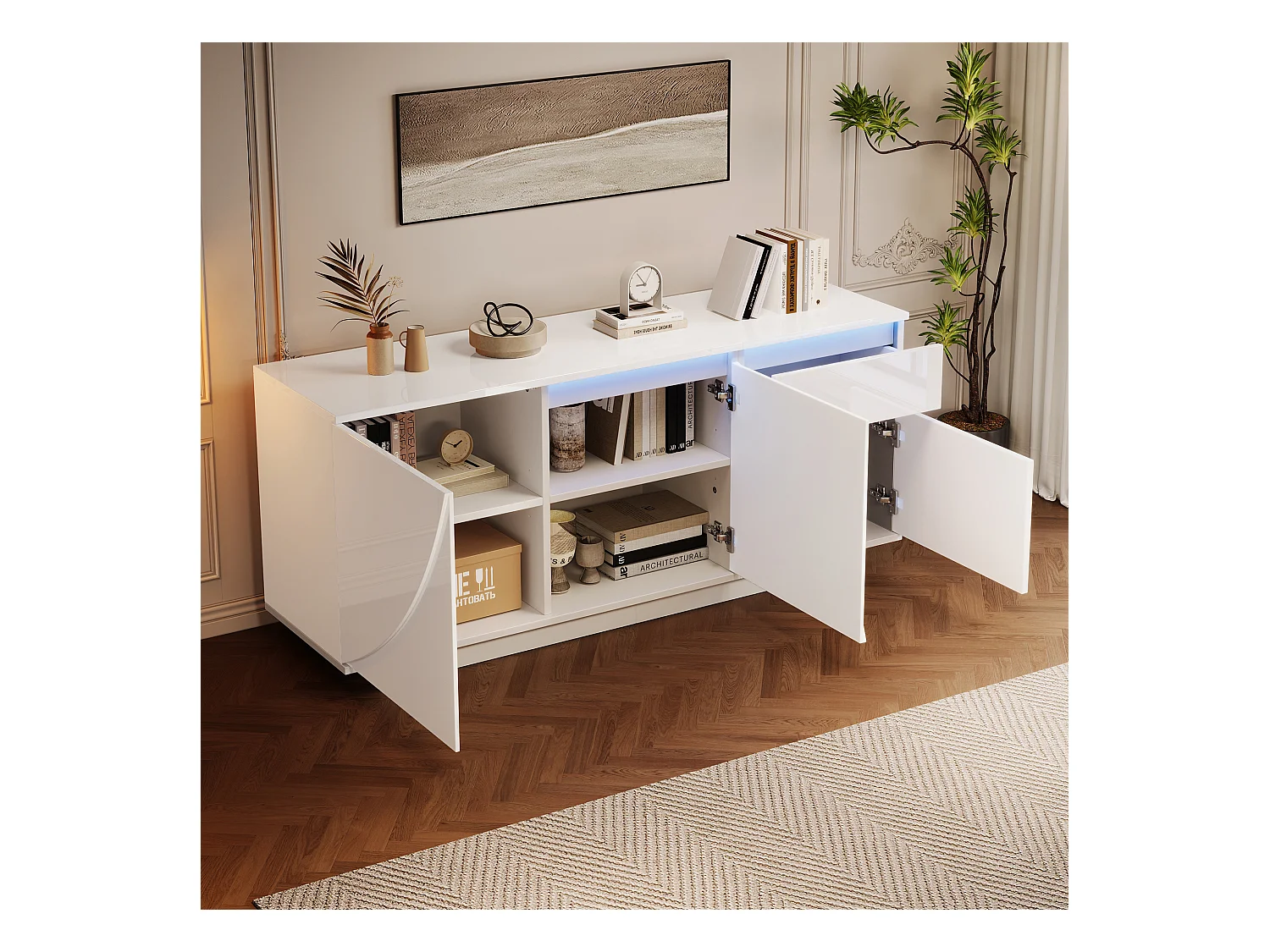 Buffet 140x40x60cm brillant - 3 portes et 1 tiroir - avec éclairage LED - avec étagères réglables - MDF - Blanc