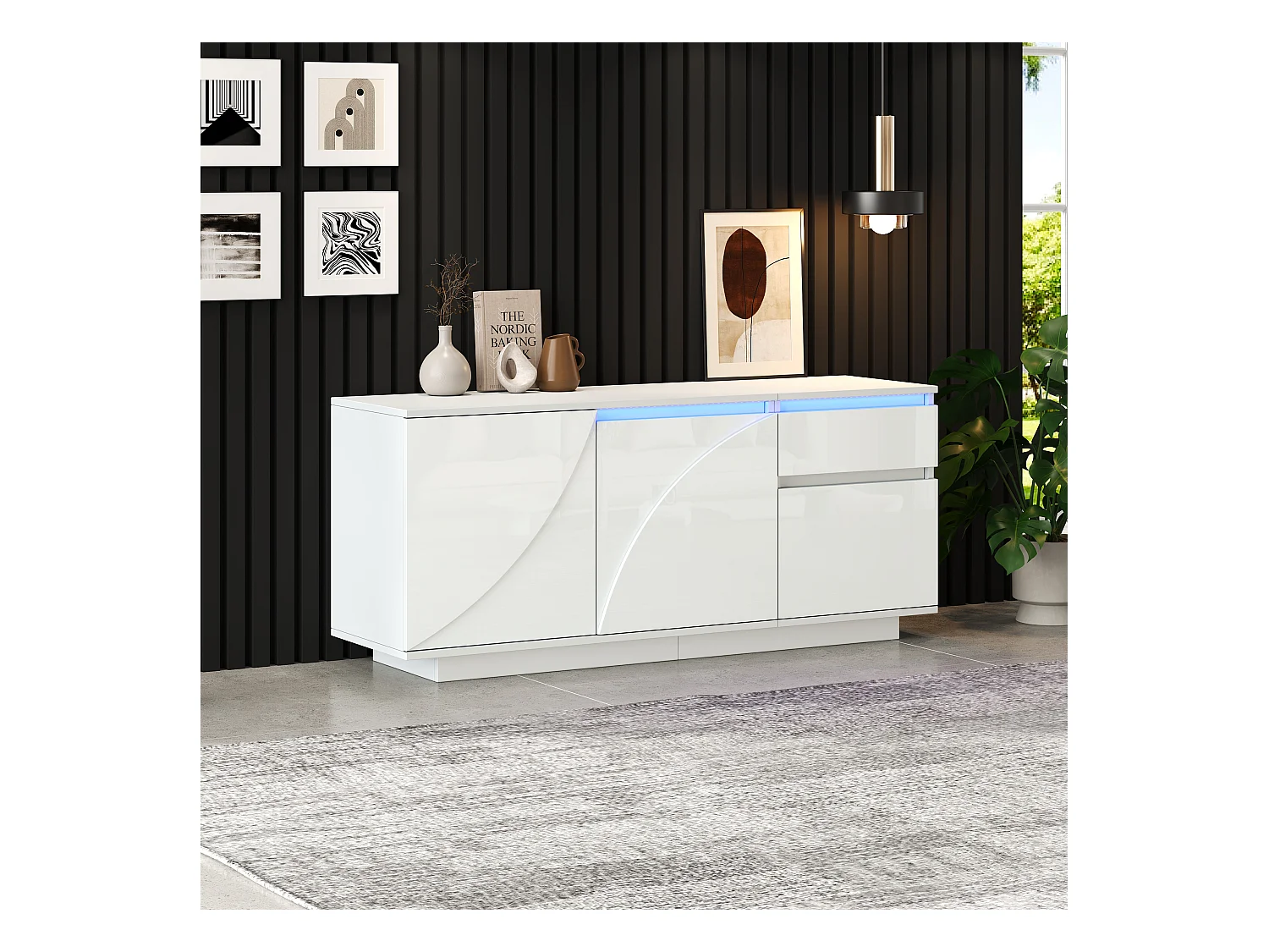 Buffet 140x40x60cm brillant - 3 portes et 1 tiroir - avec éclairage LED - avec étagères réglables - MDF - Blanc
