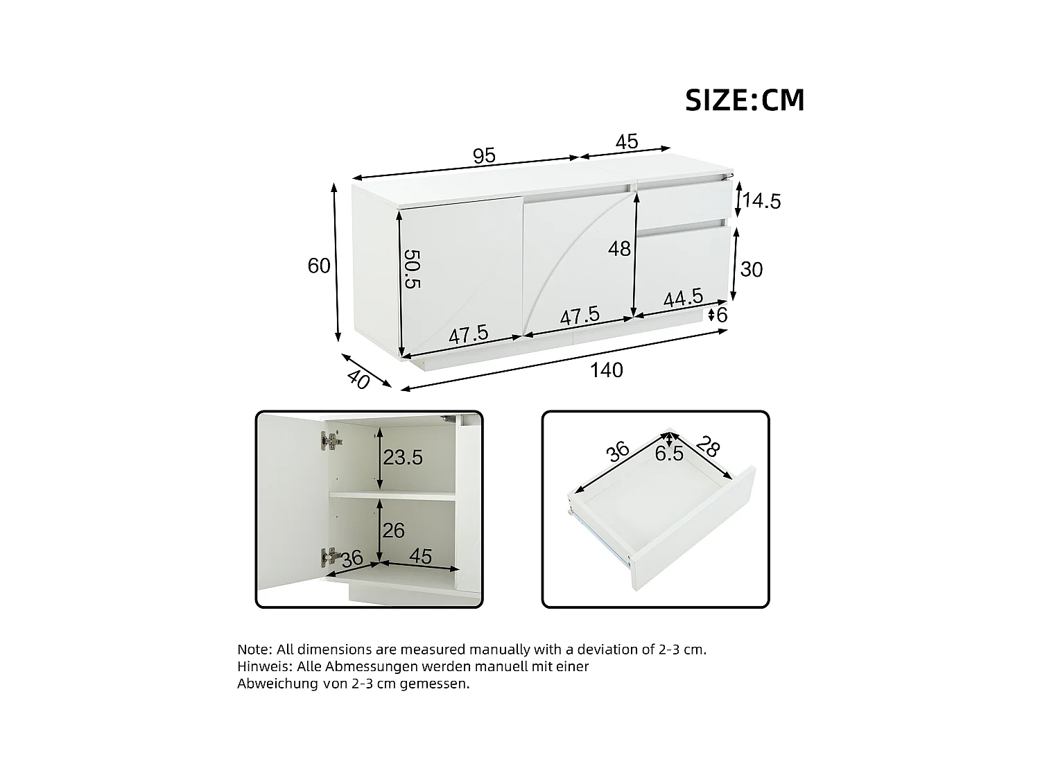 Buffet 140x40x60cm brillant - 3 portes et 1 tiroir - avec éclairage LED - avec étagères réglables - MDF - Blanc