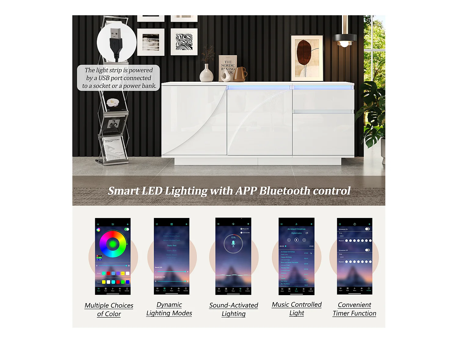 Buffet 140x40x60cm brillant - 3 portes et 1 tiroir - avec éclairage LED - avec étagères réglables - MDF - Blanc