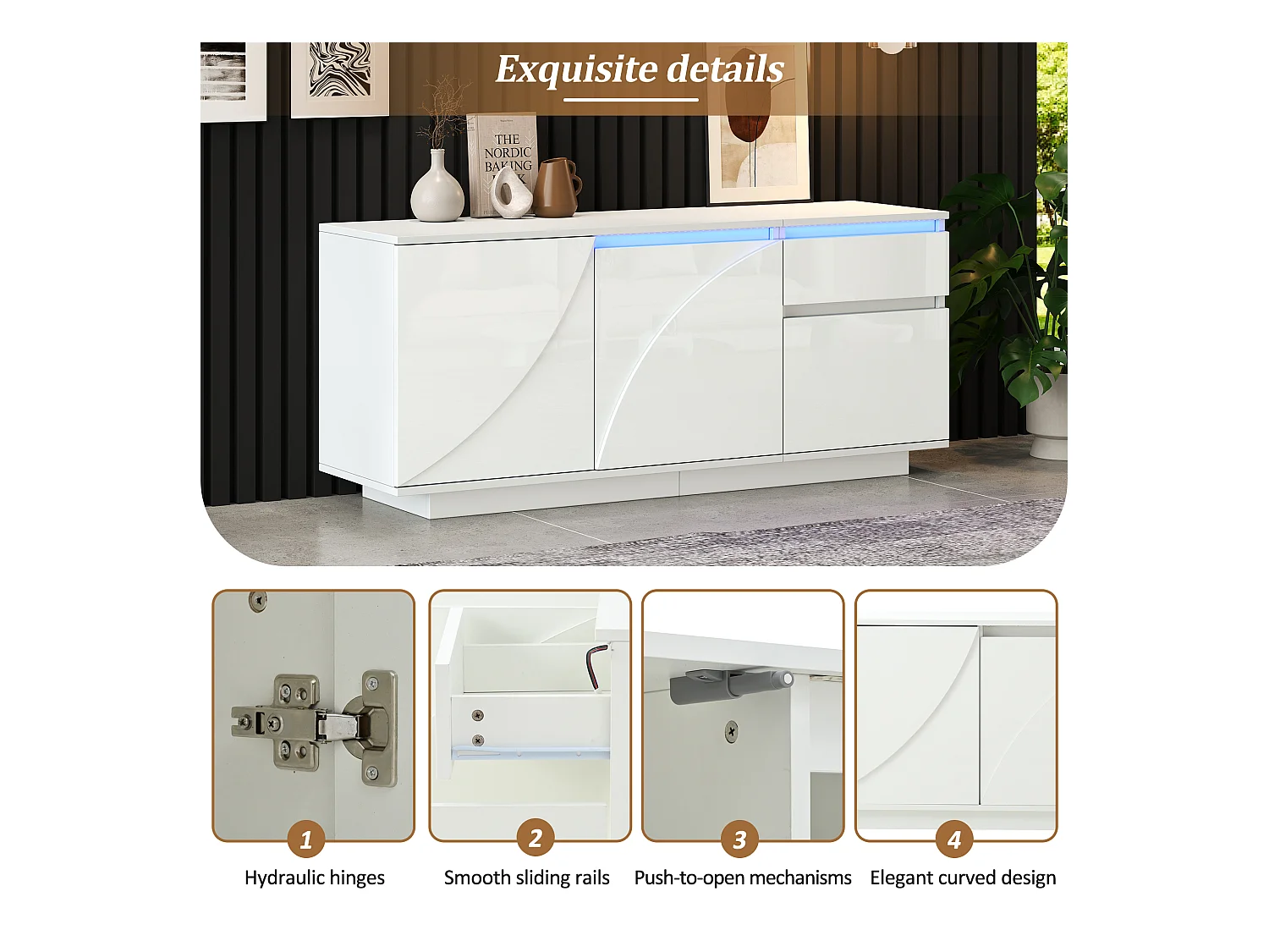 Buffet 140x40x60cm brillant - 3 portes et 1 tiroir - avec éclairage LED - avec étagères réglables - MDF - Blanc