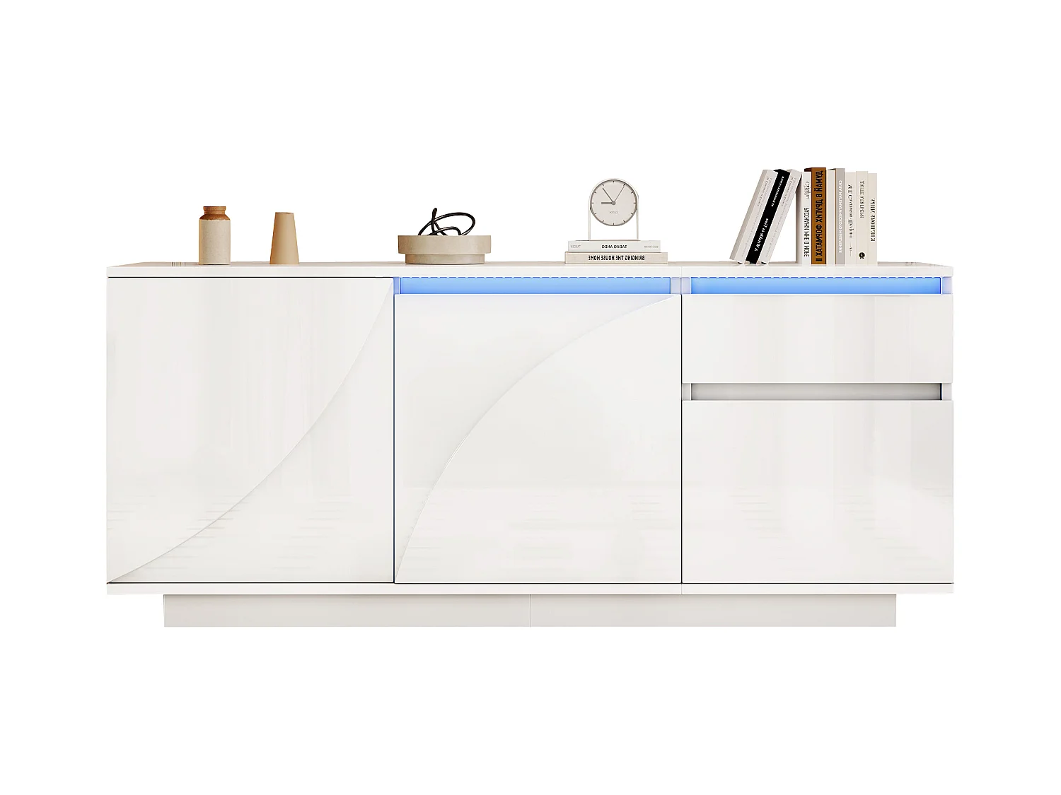 Buffet 140x40x60cm brillant - 3 portes et 1 tiroir - avec éclairage LED - avec étagères réglables - MDF - Blanc