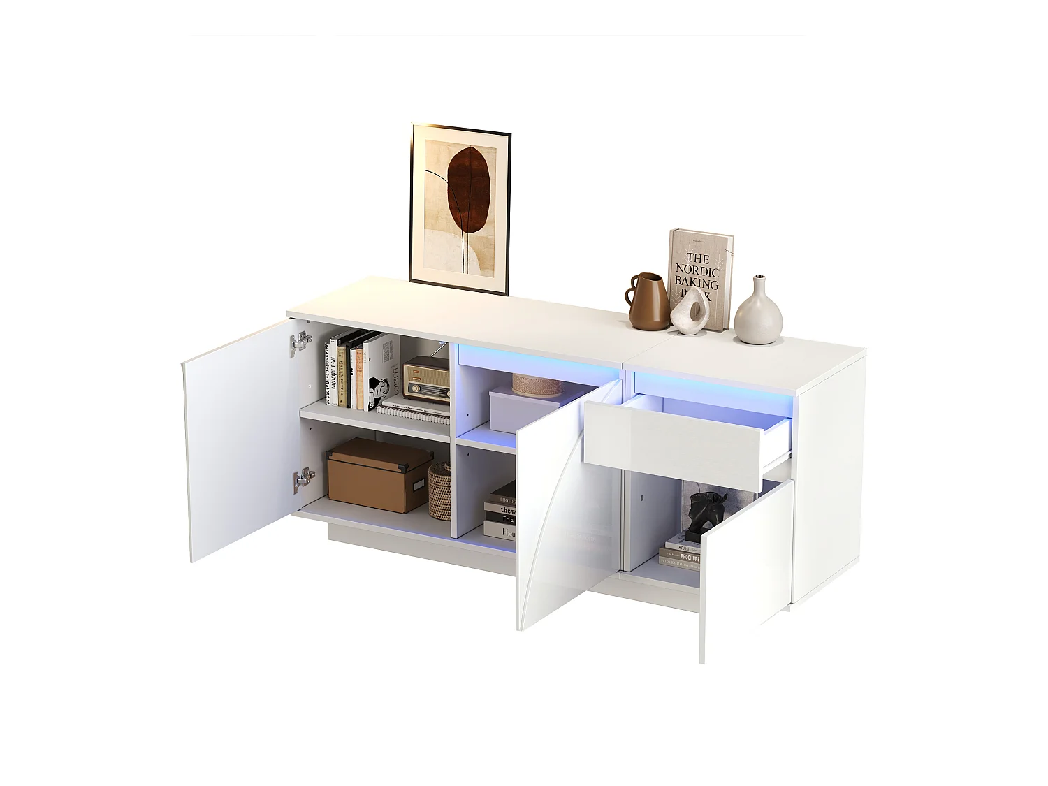 Buffet 140x40x60cm brillant - 3 portes et 1 tiroir - avec éclairage LED - avec étagères réglables - MDF - Blanc