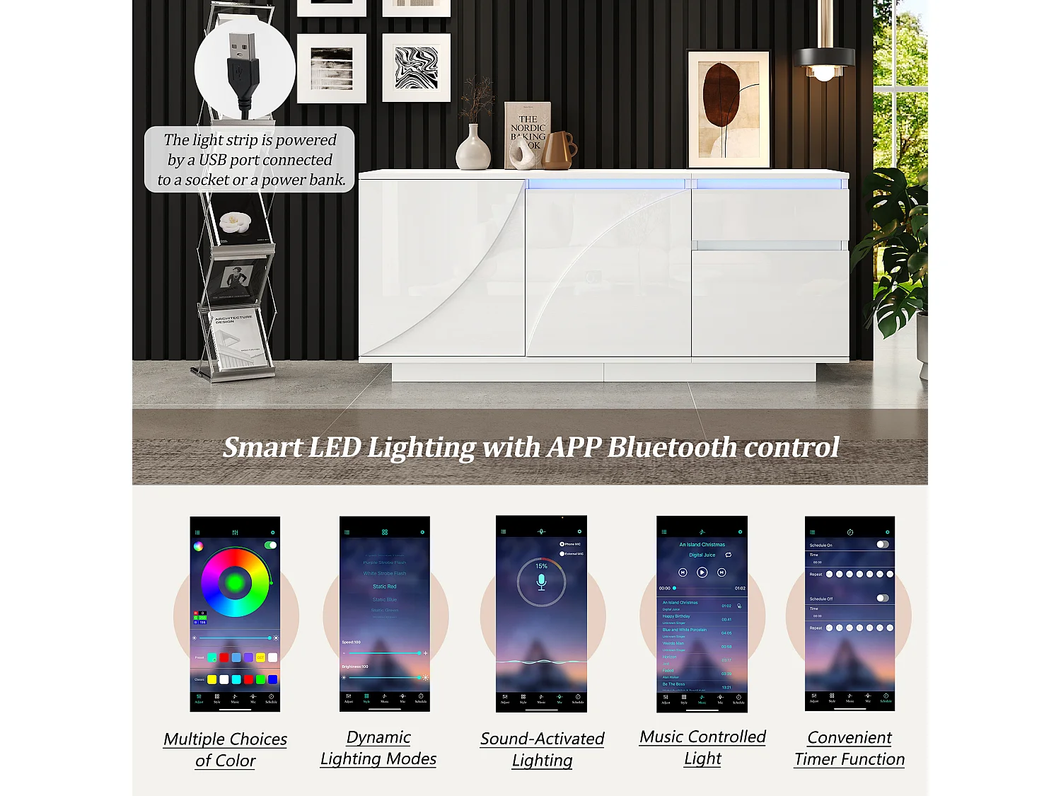 Buffet 140x40x60cm brillant - 3 portes et 1 tiroir - avec éclairage LED - avec étagères réglables - MDF - Blanc