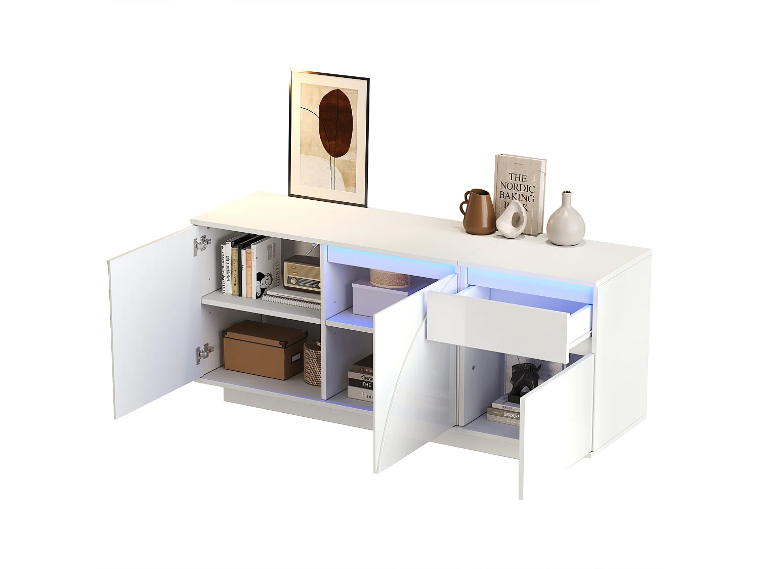 Buffet 140x40x60cm brillant - 3 portes et 1 tiroir - avec éclairage LED - avec étagères réglables - MDF - Blanc