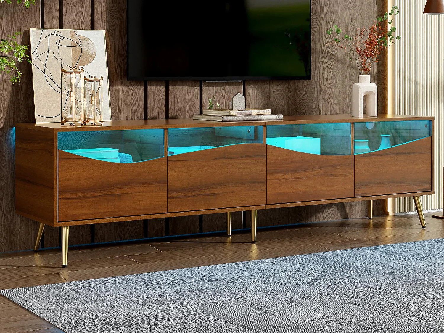 Meuble TV moderne 180x40x50 cm - 4 tiroirs - avec éclairage LED - Pieds métal - Façade verre - Marron