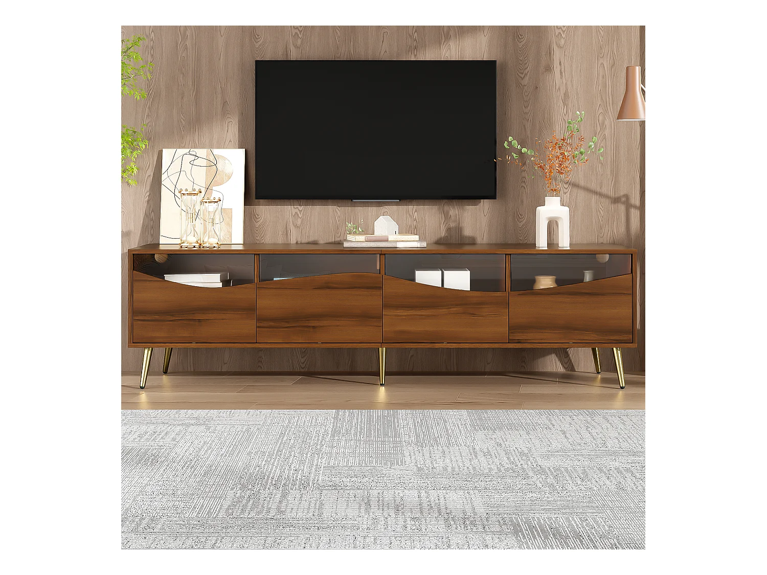 Meuble TV moderne 180x40x50 cm - 4 tiroirs - avec éclairage LED - Pieds métal - Façade verre - Marron