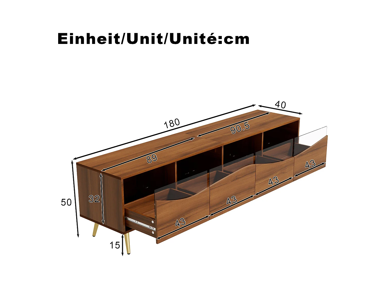 Meuble TV moderne 180x40x50 cm - 4 tiroirs - avec éclairage LED - Pieds métal - Façade verre - Marron