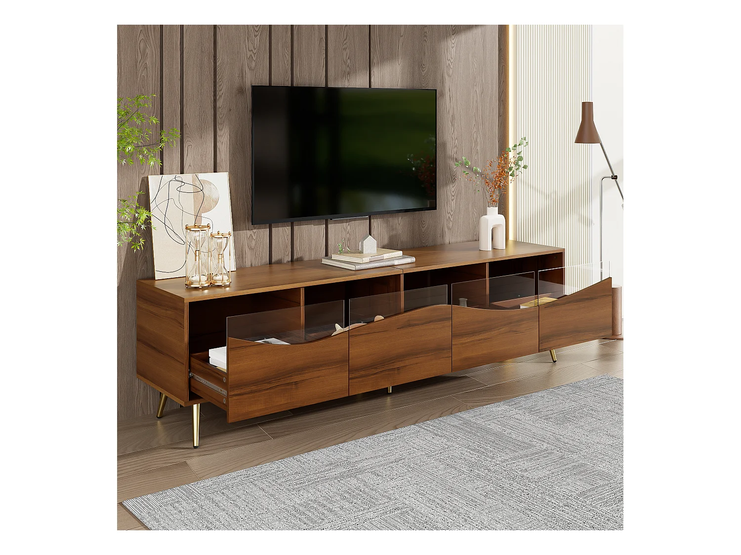 Meuble TV moderne 180x40x50 cm - 4 tiroirs - avec éclairage LED - Pieds métal - Façade verre - Marron