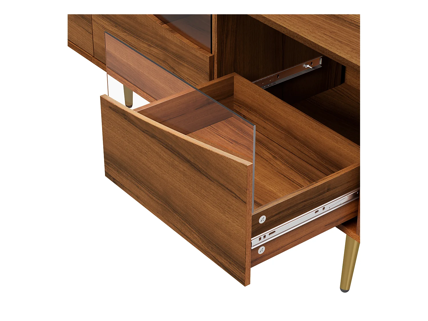 Meuble TV moderne 180x40x50 cm - 4 tiroirs - avec éclairage LED - Pieds métal - Façade verre - Marron