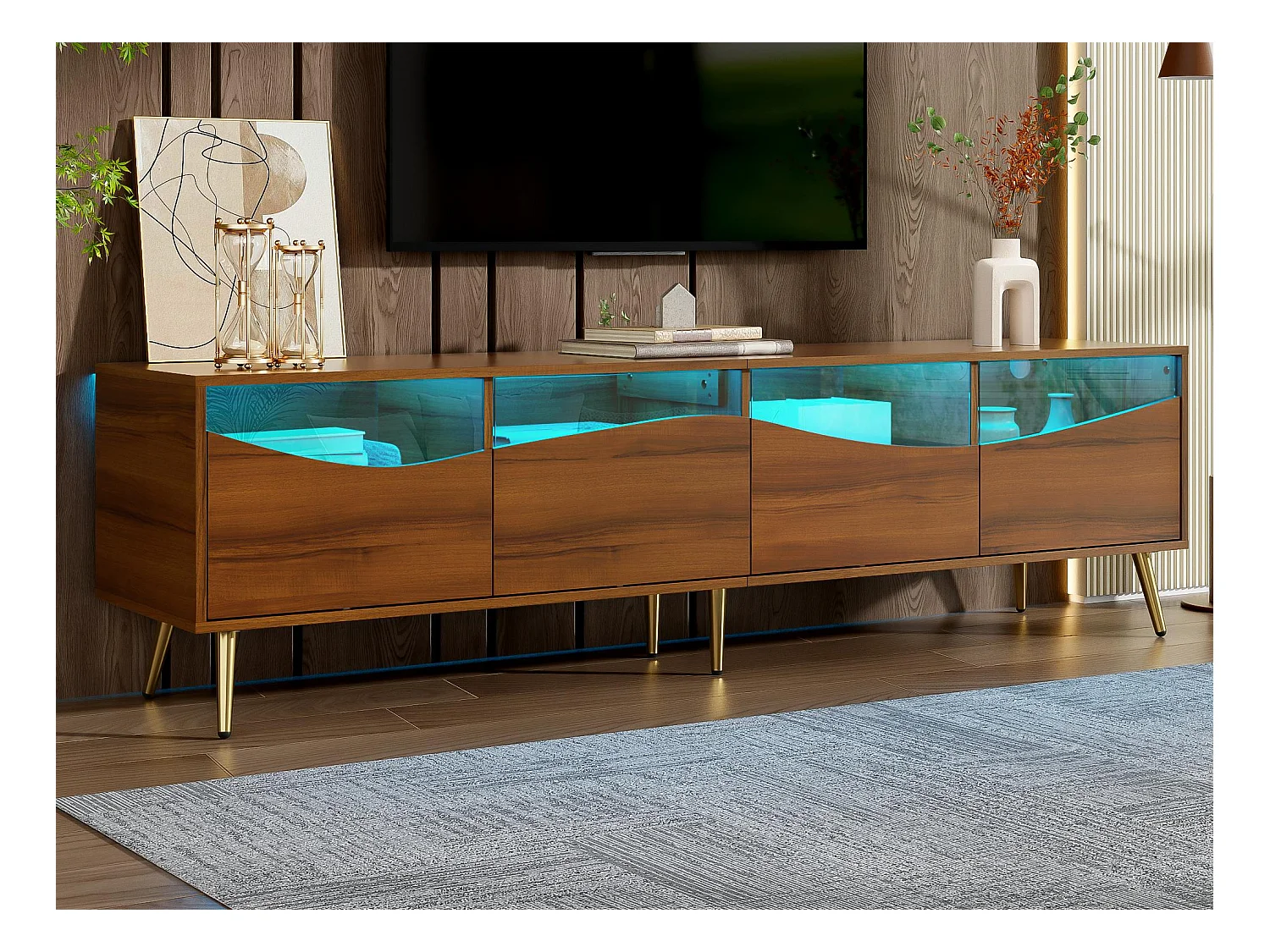 Mueble de TV moderno 180x40x50 cm - 4 cajones - con iluminación LED - Patas de metal - Fachada de vidrio - Marrón