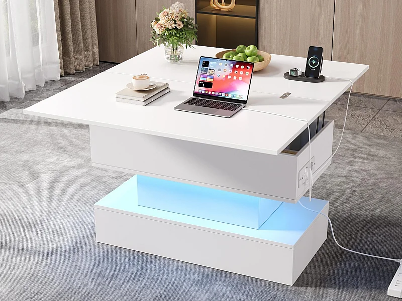 Table basse relevable 100x50x51,5 cm - avec ports USB et Type-C - avec éclairage LED - Blanc