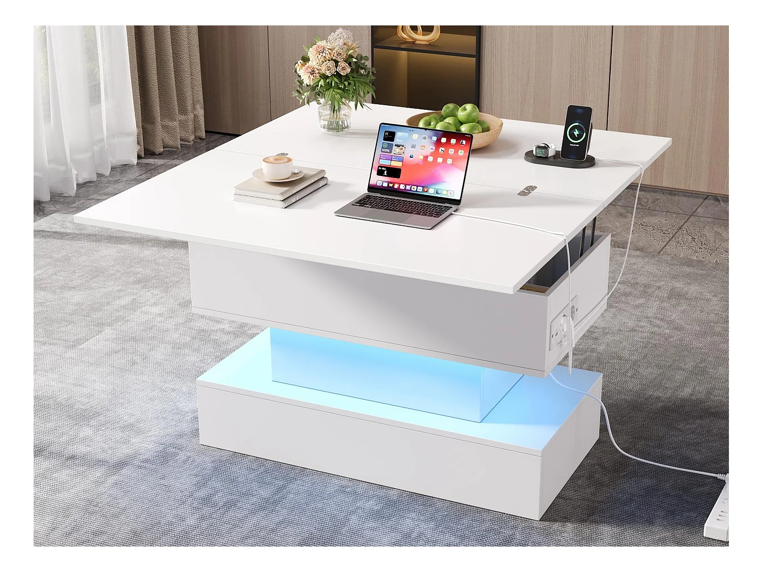 Höhenverstellbarer Beistelltisch 100x50x51,5 cm - mit USB- und Type-C-Anschlüssen - mit LED-Beleuchtung - Weiß