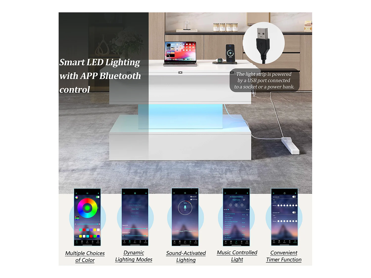 Table basse relevable 100x50x51,5 cm - avec ports USB et Type-C - avec éclairage LED - Blanc