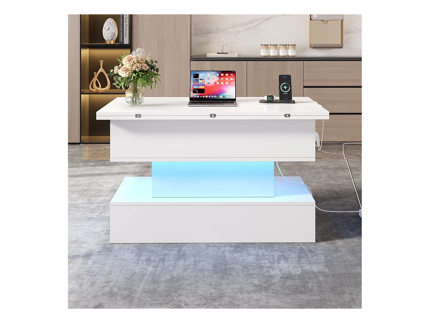 Table basse relevable 100x50x51,5 cm - avec ports USB et Type-C - avec éclairage LED - Blanc