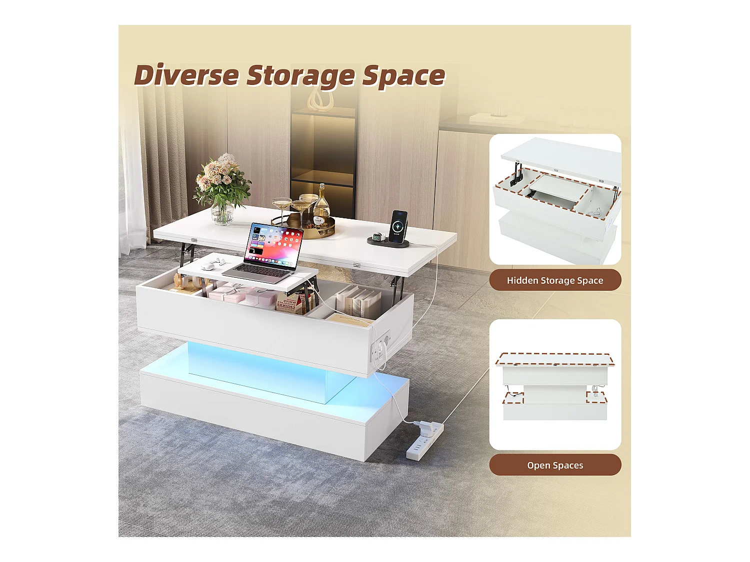 Table basse relevable 100x50x51,5 cm - avec ports USB et Type-C - avec éclairage LED - Blanc