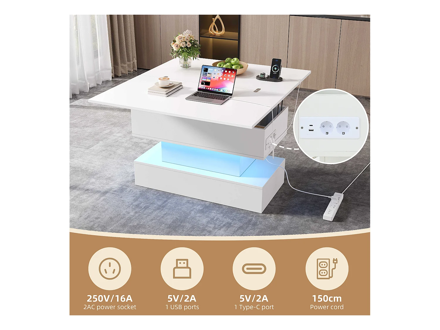 Table basse relevable 100x50x51,5 cm - avec ports USB et Type-C - avec éclairage LED - Blanc