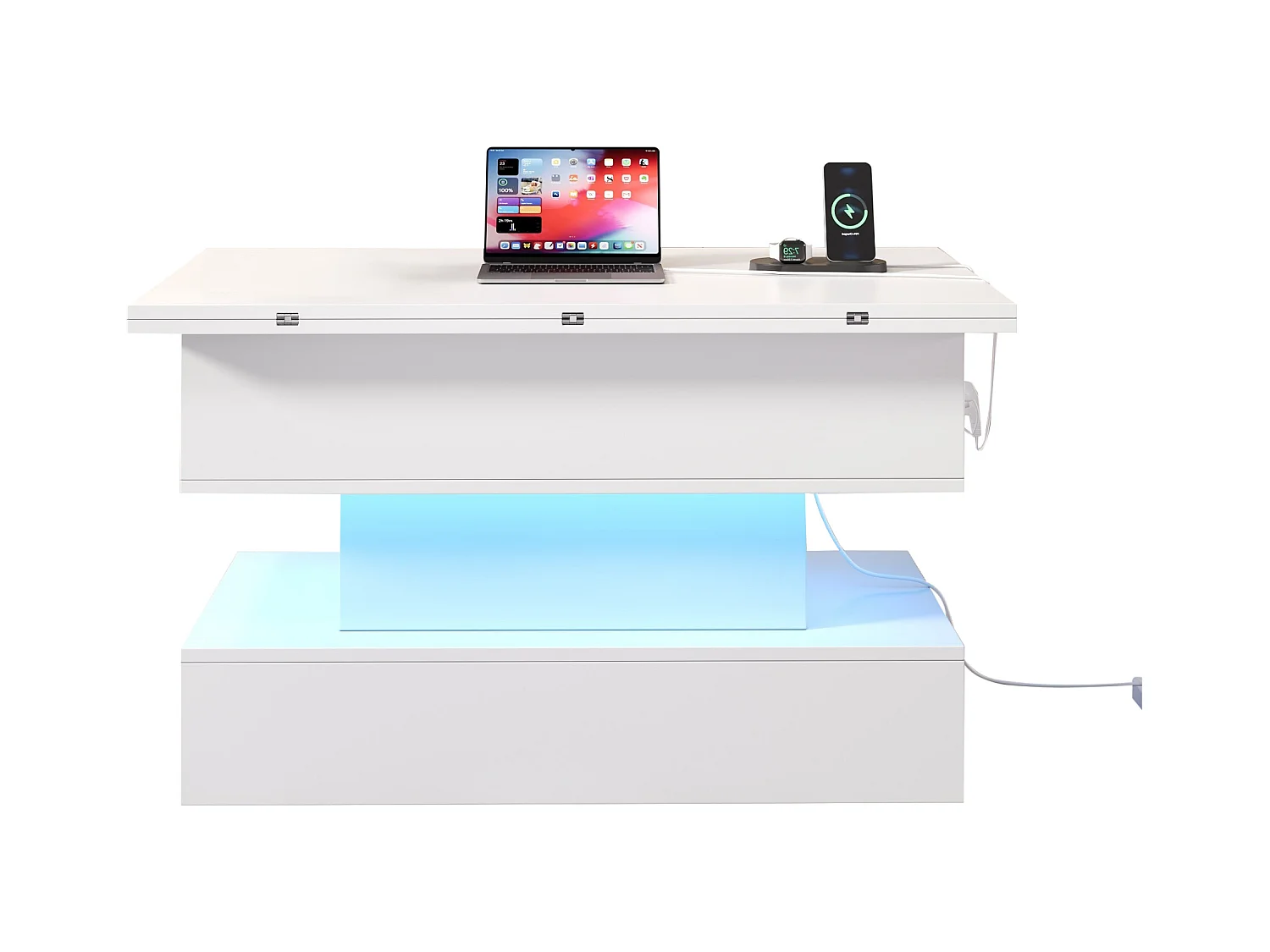 Table basse relevable 100x50x51,5 cm - avec ports USB et Type-C - avec éclairage LED - Blanc
