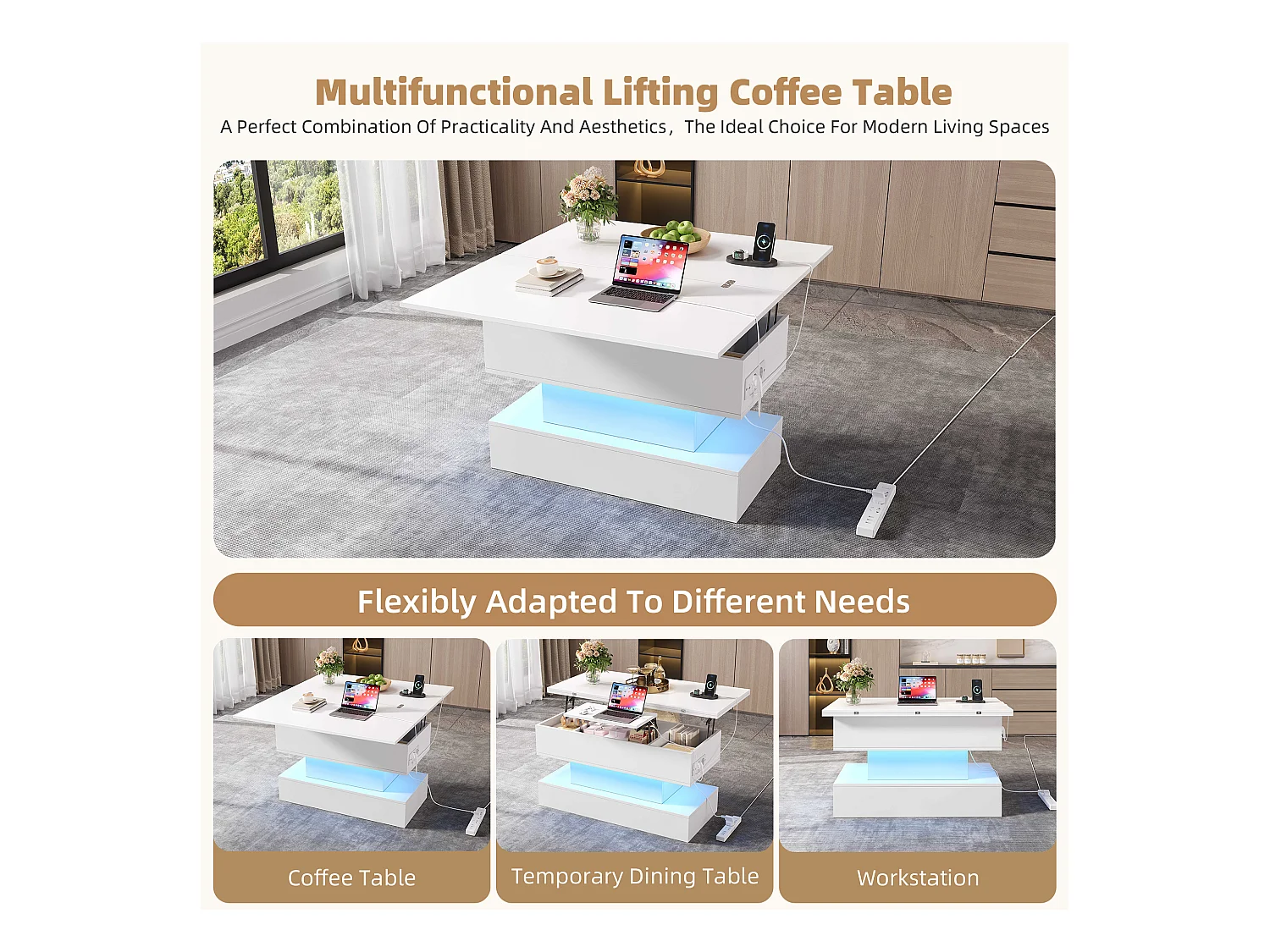 Table basse relevable 100x50x51,5 cm - avec ports USB et Type-C - avec éclairage LED - Blanc