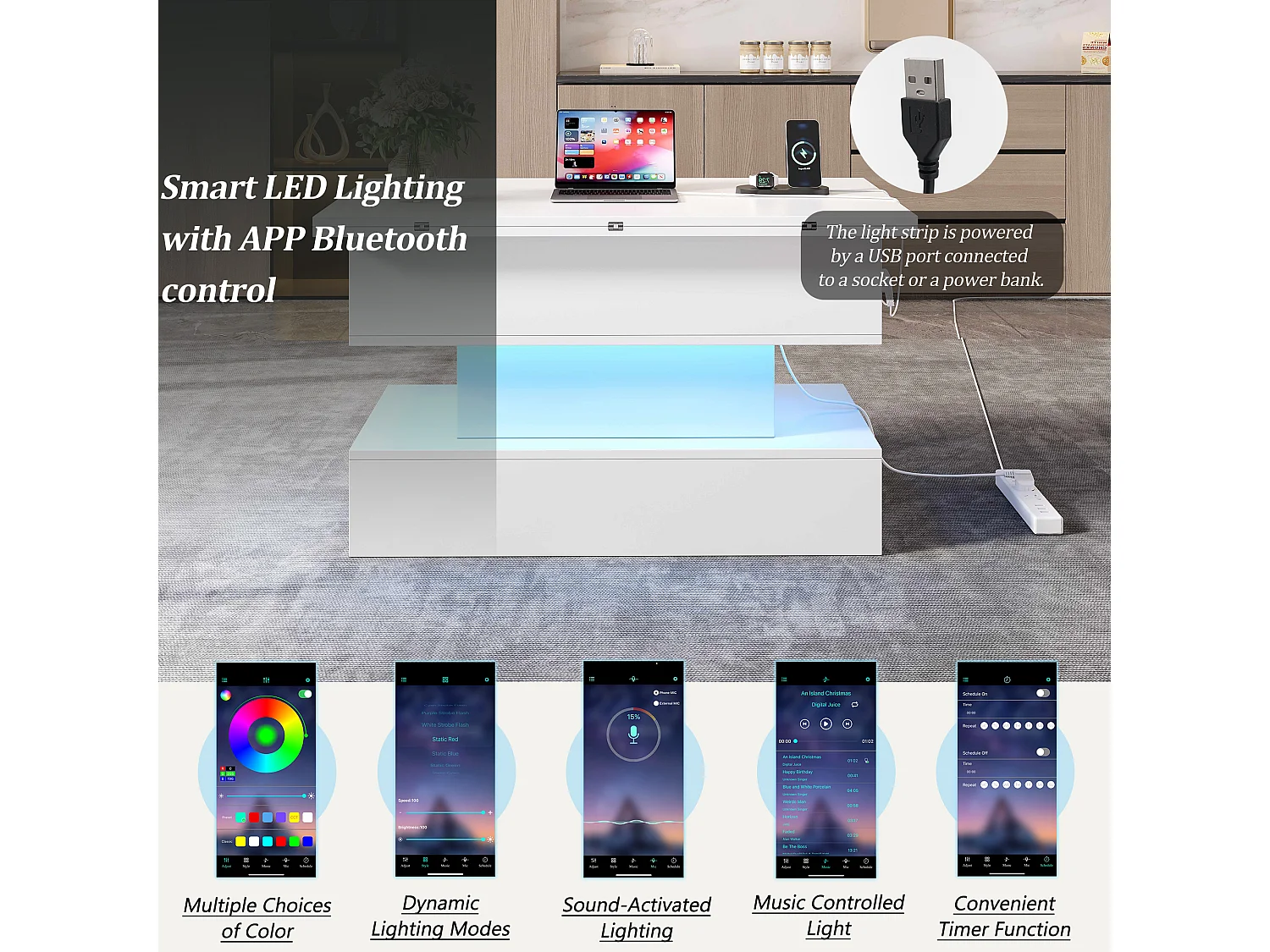 Höhenverstellbarer Beistelltisch 100x50x51,5 cm - mit USB- und Type-C-Anschlüssen - mit LED-Beleuchtung - Weiß