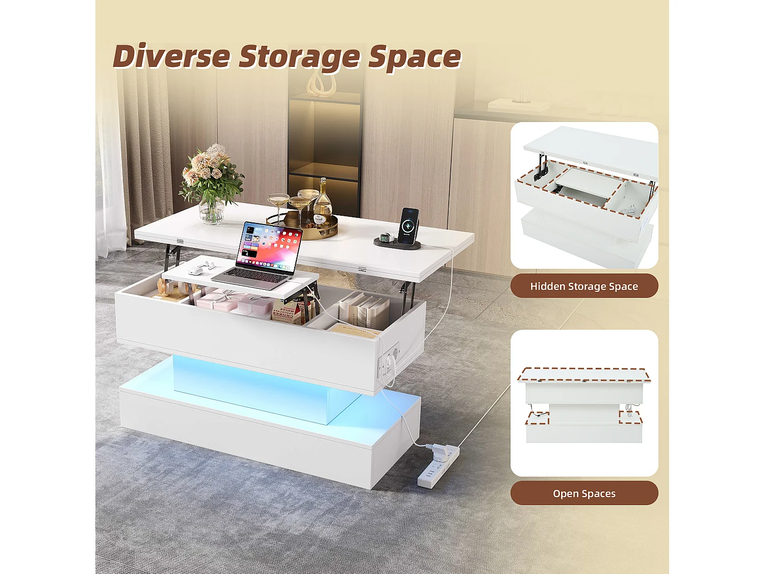 Höhenverstellbarer Beistelltisch 100x50x51,5 cm - mit USB- und Type-C-Anschlüssen - mit LED-Beleuchtung - Weiß