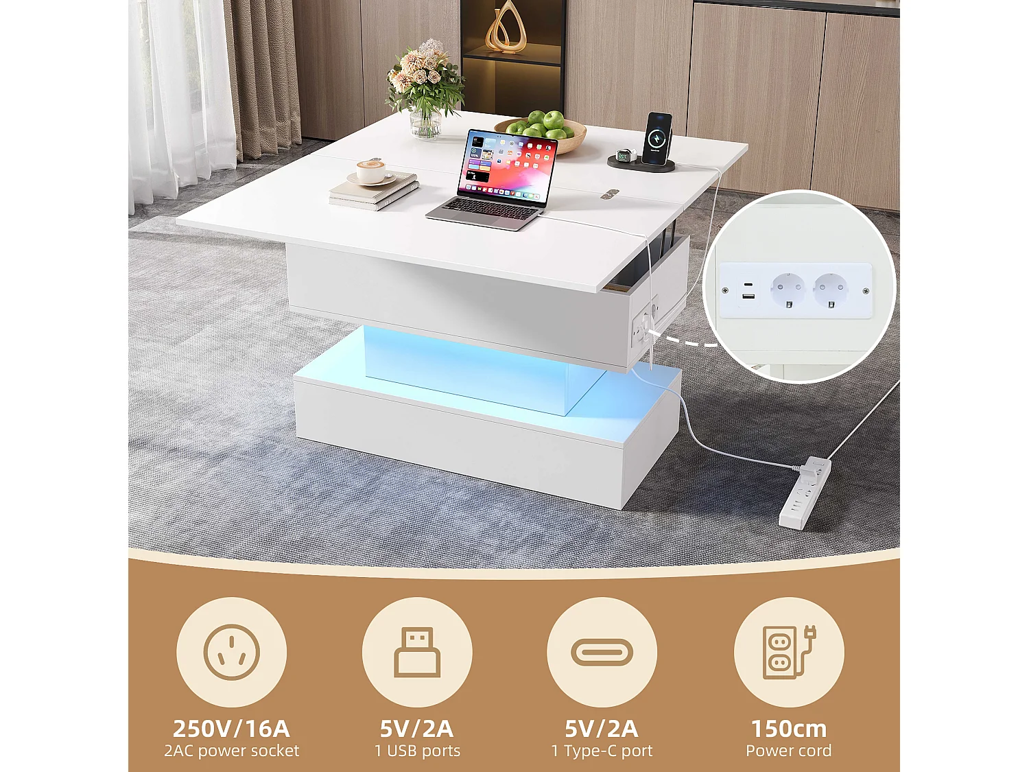 Höhenverstellbarer Beistelltisch 100x50x51,5 cm - mit USB- und Type-C-Anschlüssen - mit LED-Beleuchtung - Weiß