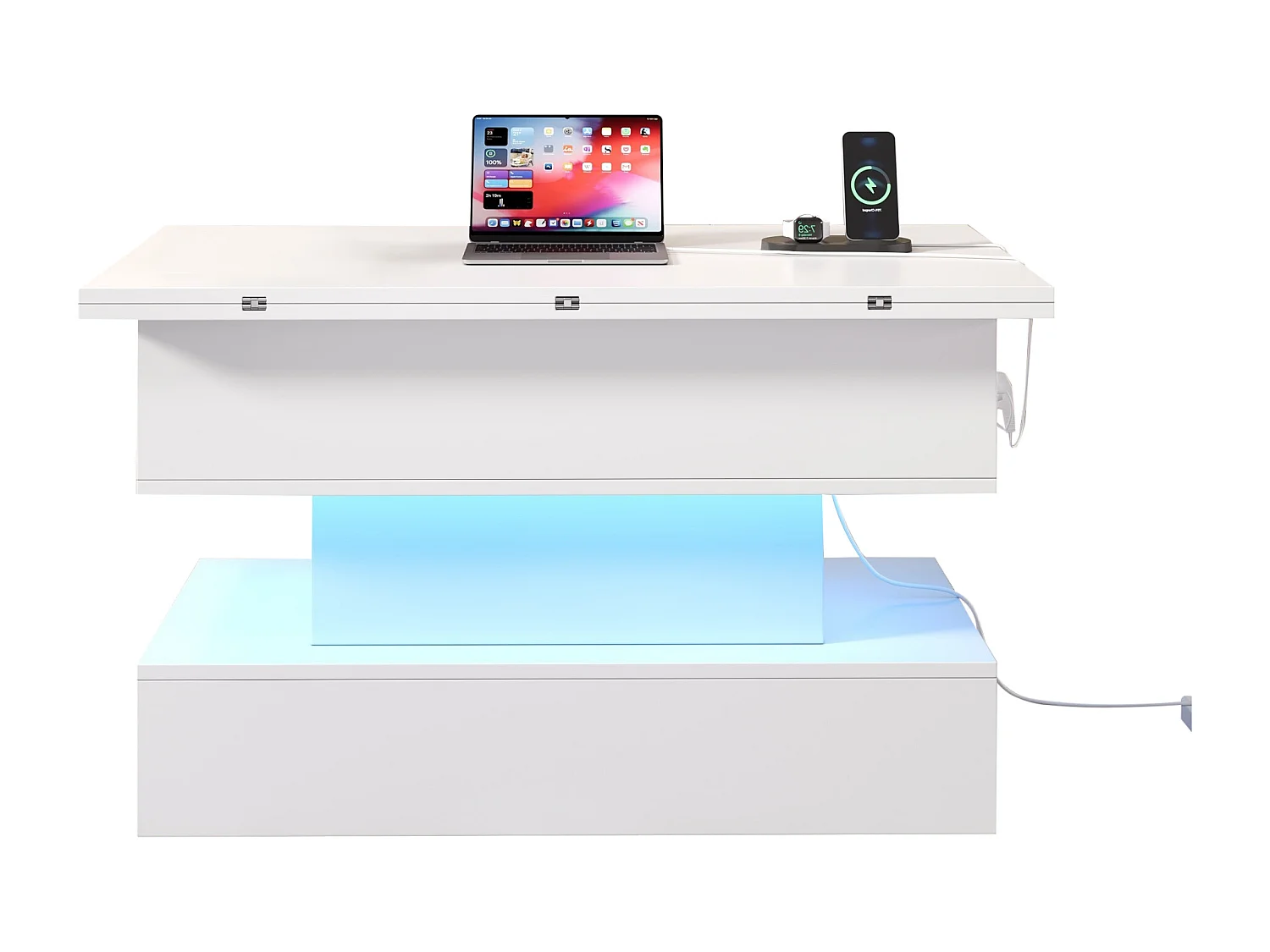 Höhenverstellbarer Beistelltisch 100x50x51,5 cm - mit USB- und Type-C-Anschlüssen - mit LED-Beleuchtung - Weiß