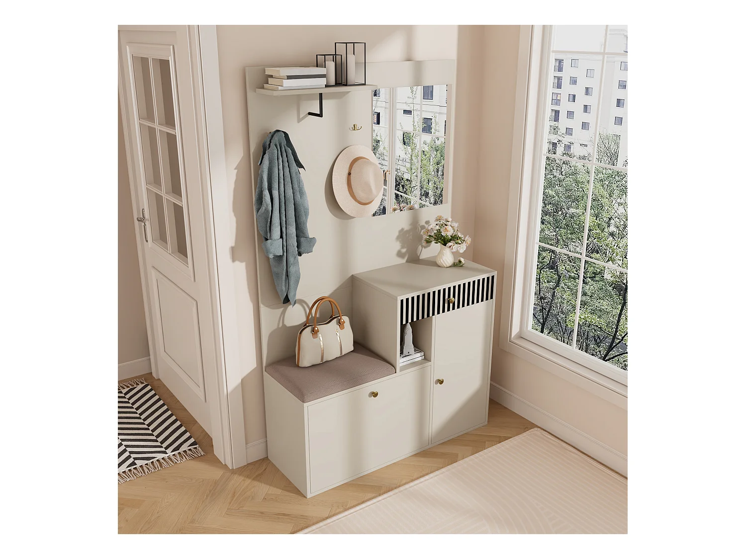 Ensemble vestiaire d'entrée 110x37x185,5 cm - avec miroir et crochets - Meuble à chaussures et banc à chaussures - Beige