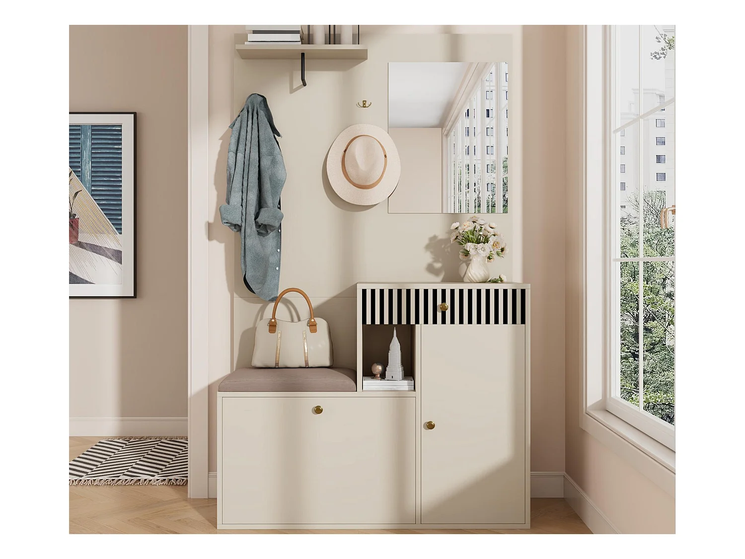 Ensemble vestiaire d'entrée 110x37x185,5 cm - avec miroir et crochets - Meuble à chaussures et banc à chaussures - Beige