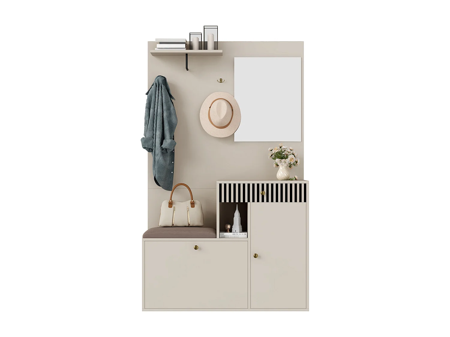 Ensemble vestiaire d'entrée 110x37x185,5 cm - avec miroir et crochets - Meuble à chaussures et banc à chaussures - Beige