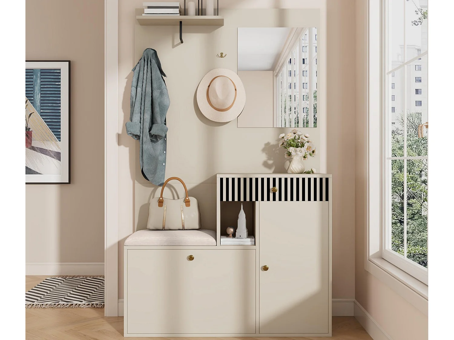 Set ingresso 110x37x185,5 cm - con specchio e ganci - Mobile per scarpe e panca calzatura - Beige