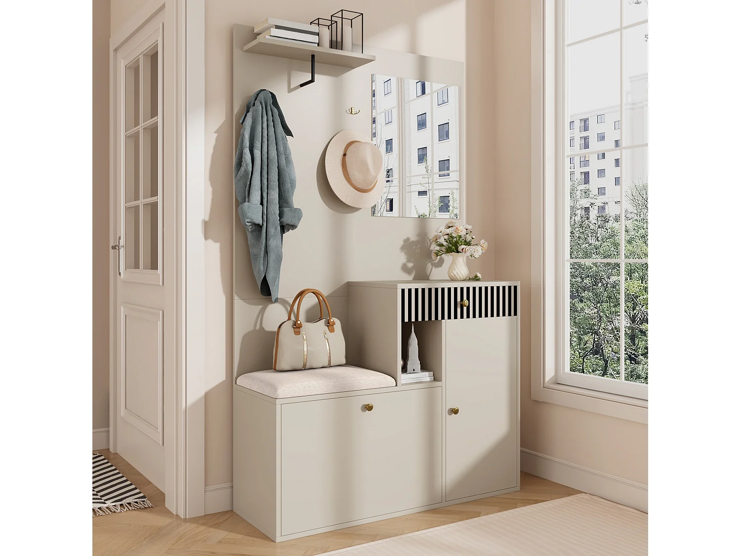 Set ingresso 110x37x185,5 cm - con specchio e ganci - Mobile per scarpe e panca calzatura - Beige